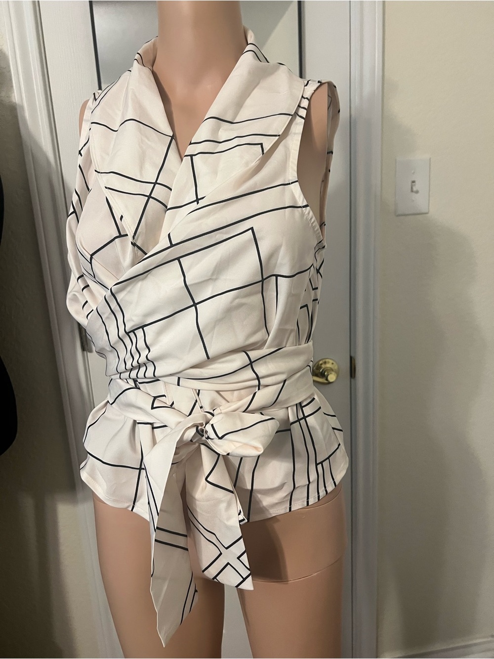 Sleeveless Wrap Blouse with Tie Waist - Cream/Black